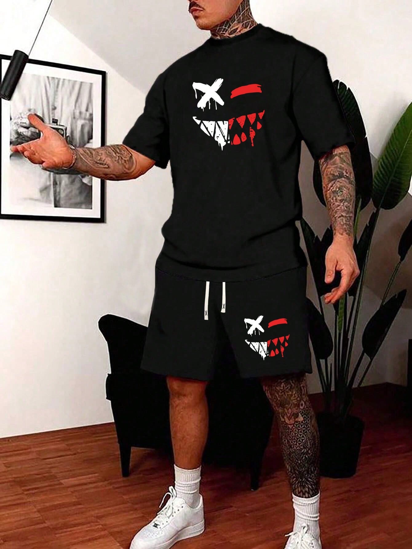 Outdoor Sport Leisure - ชุดเสื้อยืดกางเกงขาสั้นผู้ชายสไตล์ธุรกิจลำลอง สำหรับฤดูใบไม้ร่วงและฤดูหนาว ชุดออกกำลังกาย วิ่ง ฟิตเนส กีฬากลางแจ้ง