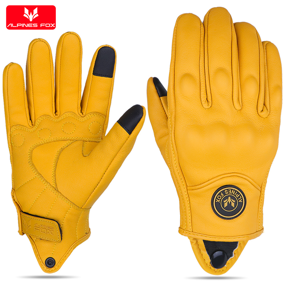 Horse Riding Glove - ถุงมือหนังมอเตอร์ไซค์วินเทจสำหรับผู้ชายและผู้หญิง ถุงมือขี่มอเตอร์ไซค์ในเมือง รองรับการใช้งานหน้าจอสัมผัส ถุงมือมอเตอร์ครอส สีเหลือง
