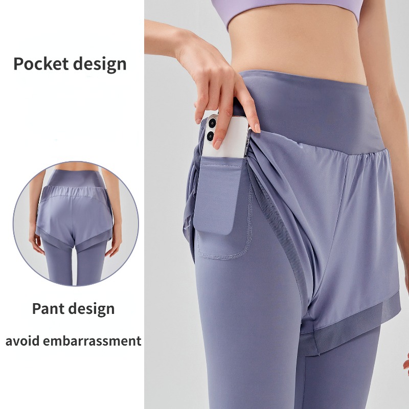 Outdoor Sport Leggings - ผู้หญิงปลอม 2 ชิ้นกางเกงขายาวไม่มีรอยต่อกางเกงขายาวพร้อมกระเป๋าเอวสูงกางเกงออกกําลังกายกลางแจ้ง Butt Lift โยคะ