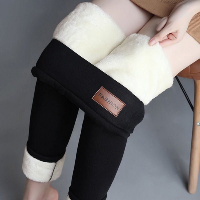Outdoor Sport Leggings - กางเกงเลกกิ้งบุขนแกะสำหรับผู้หญิง ฤดูหนาว ป้ายหนัง ยืดหยุ่นสูง อุ่น กางเกงบุขนแกะสำหรับใส่กลางแจ้ง