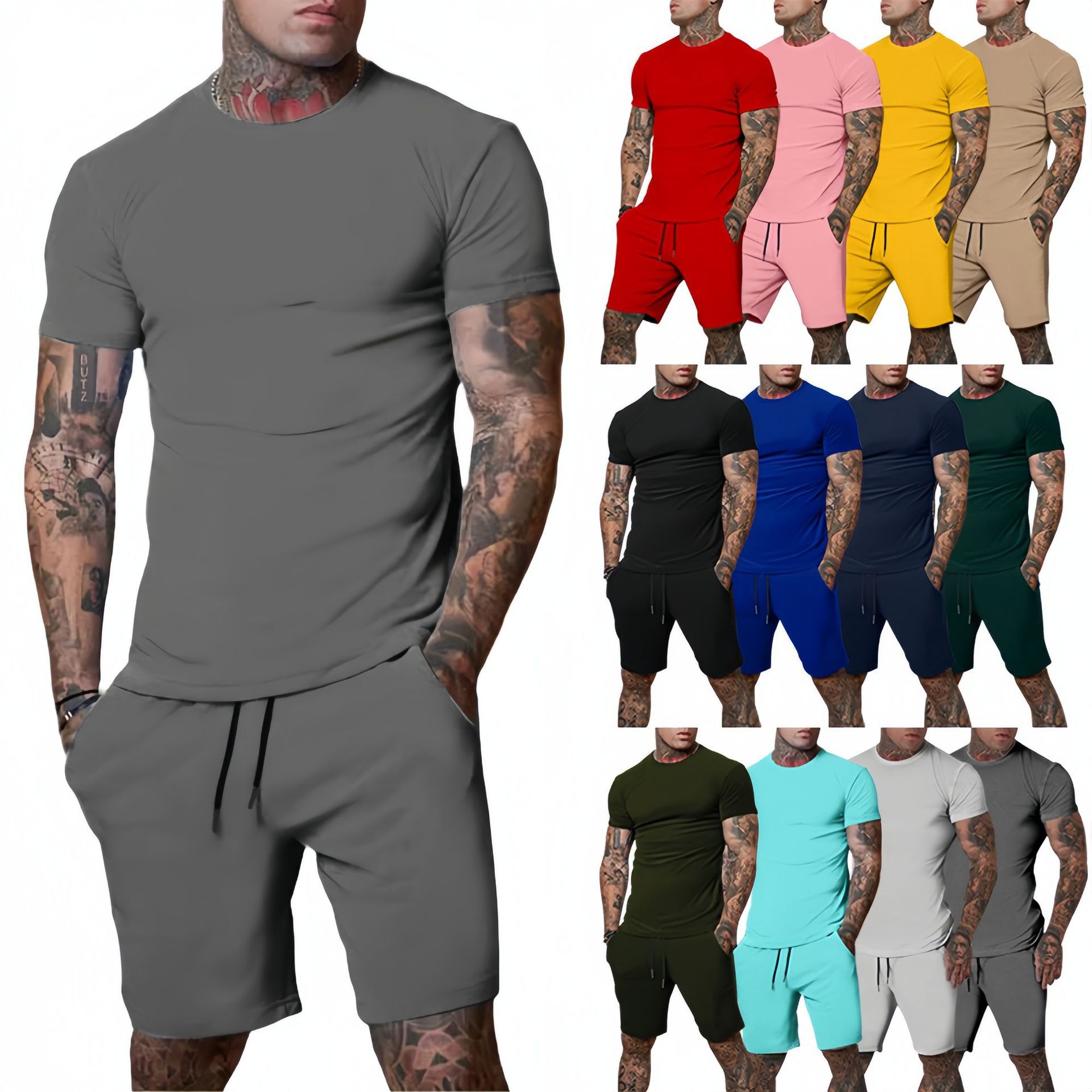 Outdoor Sport Leisure - ชุดกีฬากลางแจ้งฤดูร้อนที่ทันสมัยและสบายๆ เสื้อยืดระบายอากาศของผู้ชาย กางเกงขาสั้น ชุดลำลองและทันสมัยแบบสองชิ้น